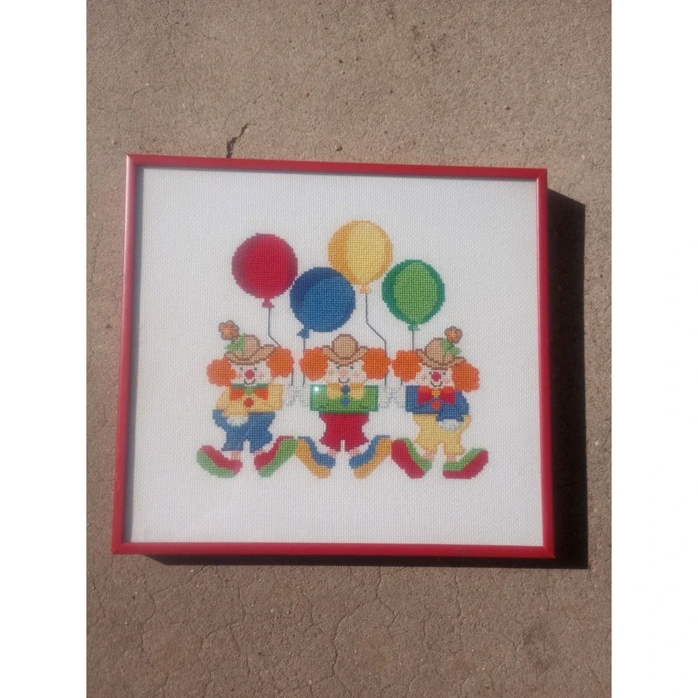 Vintage 70s Cross-stitch Clown Balloon Red‎ Frame 10x9 Wall Art